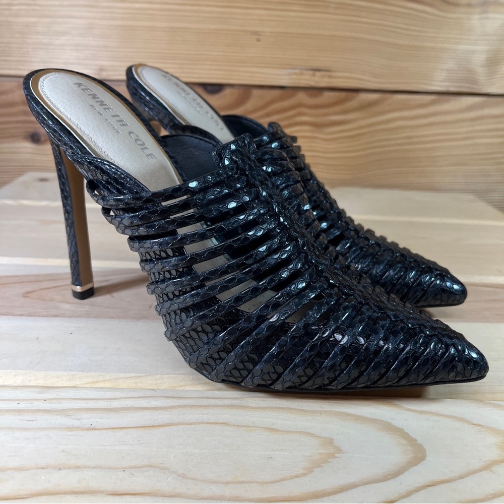 Kenneth Cole NY Black High Heel Fisher Mule 7.5M Croc Riley Strappy Faux Leather